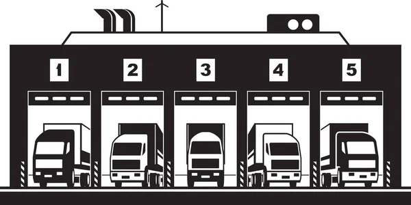 倉庫でのトラックやトレーラーのロードドックベクトルイラスト — ストックベクタ