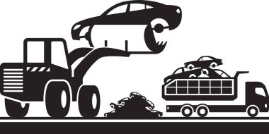 Kamyonu hurda metal için arabalarla doldurur - vektör illüstrasyonu