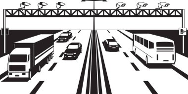 Otoyol vektör illüstrasyonunda trafik kameraları