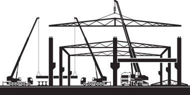 Mobil vinçler inşaat alanı vektör illüstrasyonunda keresteleri kaldırıyor