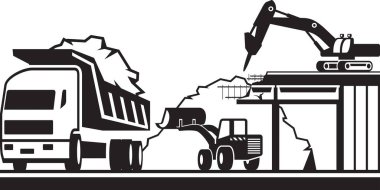 İnşaat makineleri vektör illüstrasyonuyla beton köprünün yıkımı