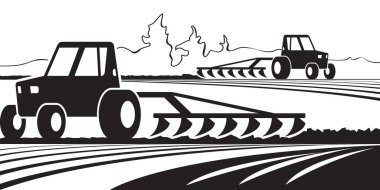 Tarla vektörü illüstrasyonunda traktörler tarlayı sürüyor