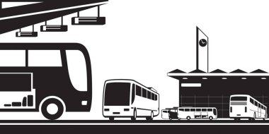 Otobüs geliyor ve istasyonda - vektör çizim yola