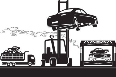 Forklift hurdalıkta bir araba taşıyor.