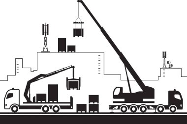 Vinç kamyonu baz istasyonunun parçalarını taşıyıcı illüstrasyonun çatısına taşıyor.