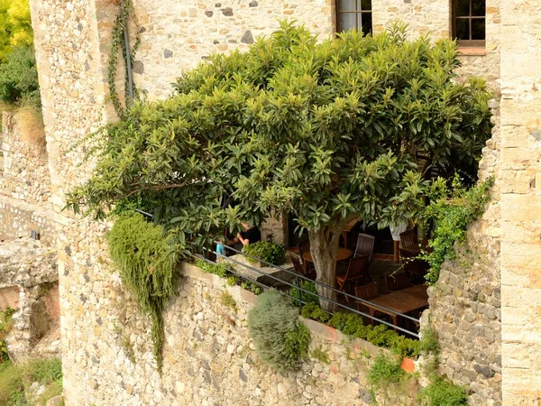 2017年7月26日 スペイン カタルーニャ州ジローナの中世の町ベサールにある石造りの建物内にある魅力的なレストランテラス — ストック写真