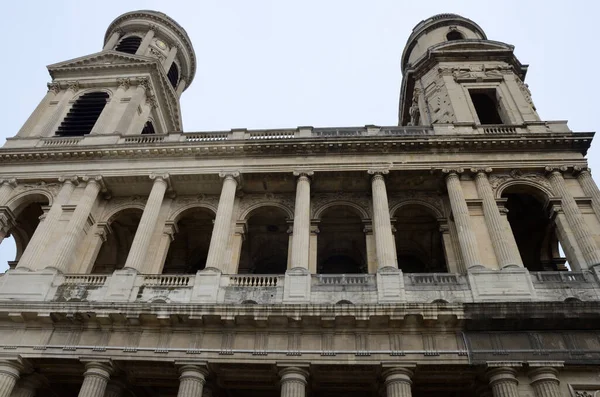 Pohled Horní Strany Hlavní Průčelí Kostela Sulpice Paříži Francie — Stock fotografie
