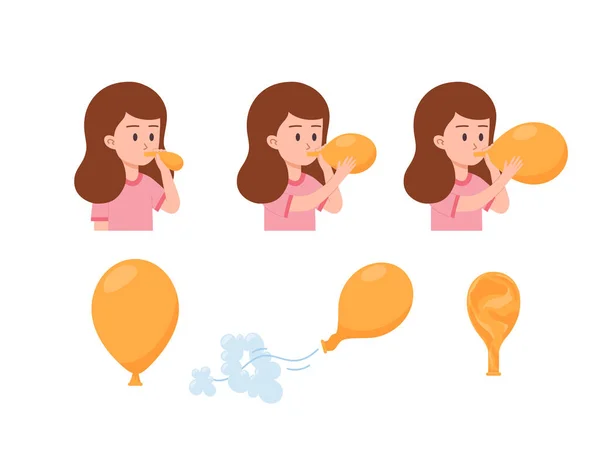小女孩一步一步地充气气球 在白色背景上孤立的平面矢量插图 显示不同阶段的充气气球悬架 — 图库矢量图片