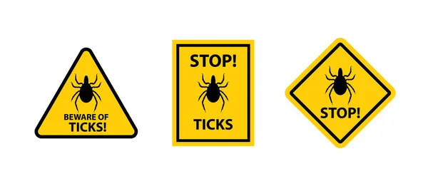 Beware Ticks Caution Signs Flat Vector Illustration Isolated White Background — Stock Vector