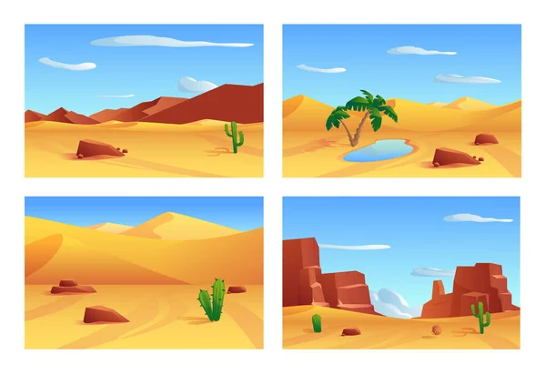 Bandiere Del Deserto Con Oasi Altopiani Illustrazione Vettoriale Piatta Nessuna — Vettoriale Stock