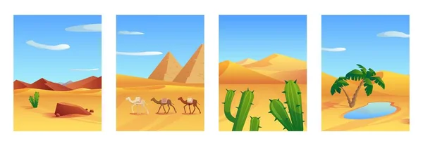 Set Poster Paesaggistici Desertici Carovana Cammelli Cactus Palme Acqua Illustrazione — Vettoriale Stock
