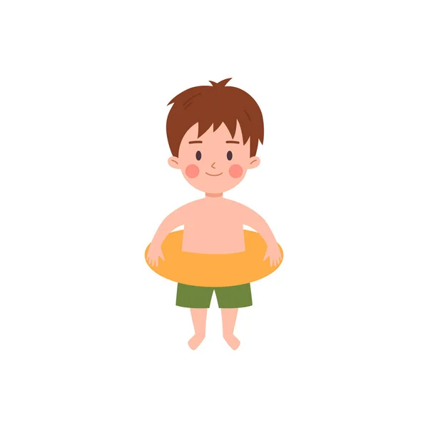 夏のビーチやスイミングプールで楽しむ幸せな子供 白い背景に隔離された平らなベクトルイラスト リバイバイリング漫画のキャラクターを持つ小さな男の子 — ストックベクタ