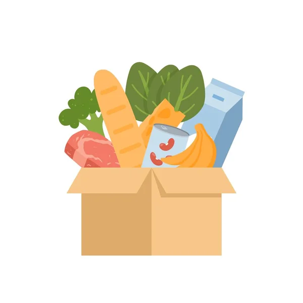 Karton Kutuda Gıda Ürünleri Düz Stil Vektör Illüstrasyonu Beyaz Arkaplanda — Stok Vektör