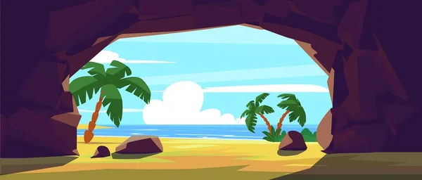 熱帯海岸 平らな漫画のベクトルイラストの石の洞窟や山の部屋への入り口からの眺め 洞窟からの熱帯夏の風景や風景 — ストックベクタ