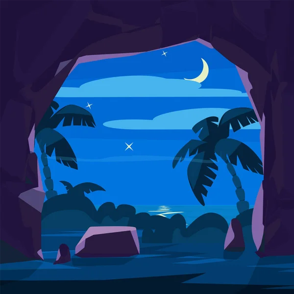 Scena Notturna Tropicale Con Vista Dall Ingresso Grotta Palme Illustrazione — Vettoriale Stock