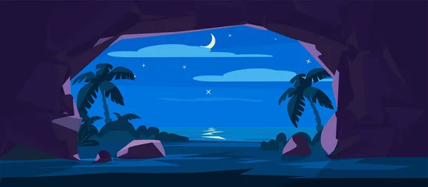 Ночной Вход Каменную Пещеру Лунным Водным Пальмовым Силуэтами Вне Плоского — стоковый вектор