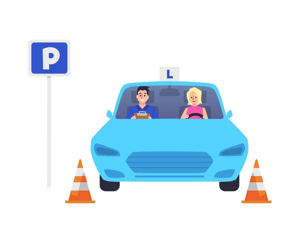 Leende Blond Kvinna Passerar Parkering Test Platt Stil Vektor Illustration — Stock vektor