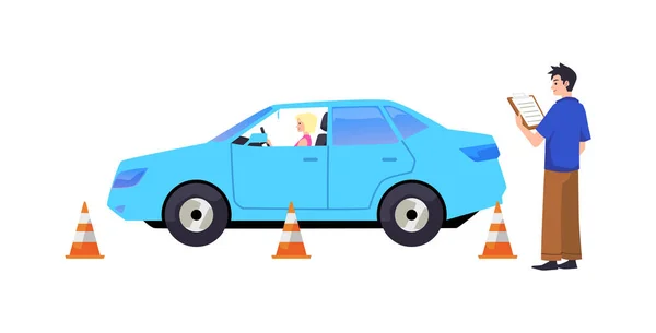 Smiling Blonde Woman Taking Parallel Parking Test Blue Car Flat — Stock Vector