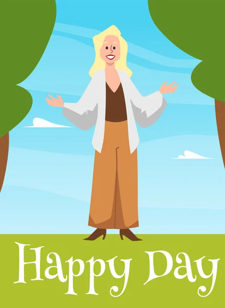 Happy Day Banner Flyer Mockup Happy Woman Flat Cartoon Vector — Stock Vector