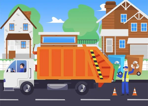 都市の路上で働くゴミ収集車やゴミ収集車の労働者 廃棄物のバナーやポスター フラットベクトルイラストの輸送とソート — ストックベクタ