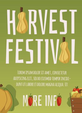 Taze balkabağı ve elma sepetli hasat festivali posteri, düz vektör çizimi. Sonbahar hasat festivali reklam afişi.
