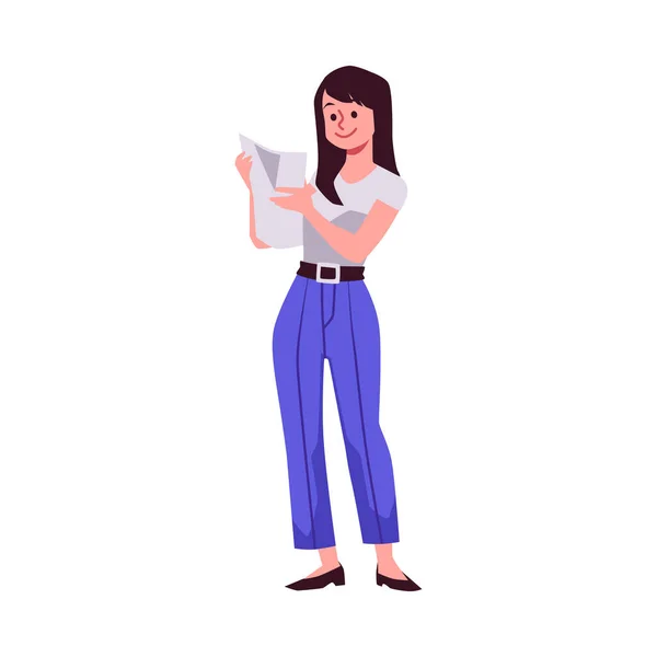 Mujer Joven Sonriendo Carta Lectura Ilustración Vectorial Plana Dibujos Animados — Archivo Imágenes Vectoriales
