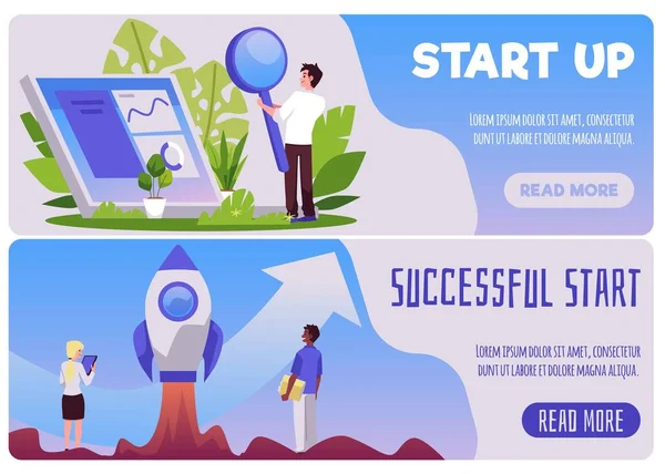 Start Successful Start New Business Banners Set Flat Vector Illustration — Stock Vector