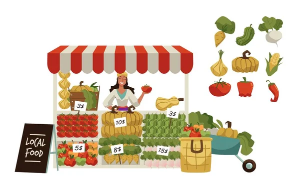 Ευτυχισμένη Γυναίκα Που Πουλάει Φρέσκα Λαχανικά Και Φρούτα Στην Τοπική — Διανυσματικό Αρχείο