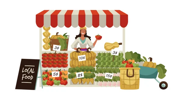 Τοπική Αγορά Τροφίμων Δρόμο Πωλητή Δρόμου Γυναίκα Στέκεται Πίσω Από — Διανυσματικό Αρχείο