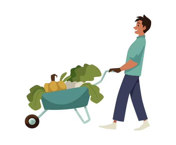 Landwirt Mit Der Ernte Von Herbstfrüchten Und Gemüse Der Schubkarre — Stockvektor