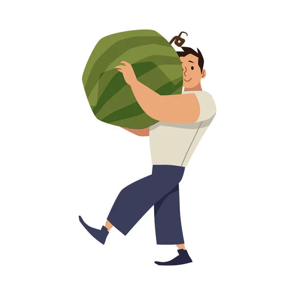 Bauer Trägt Eine Riesige Wassermelone Auf Seinen Schultern Flache Cartoon — Stockvektor