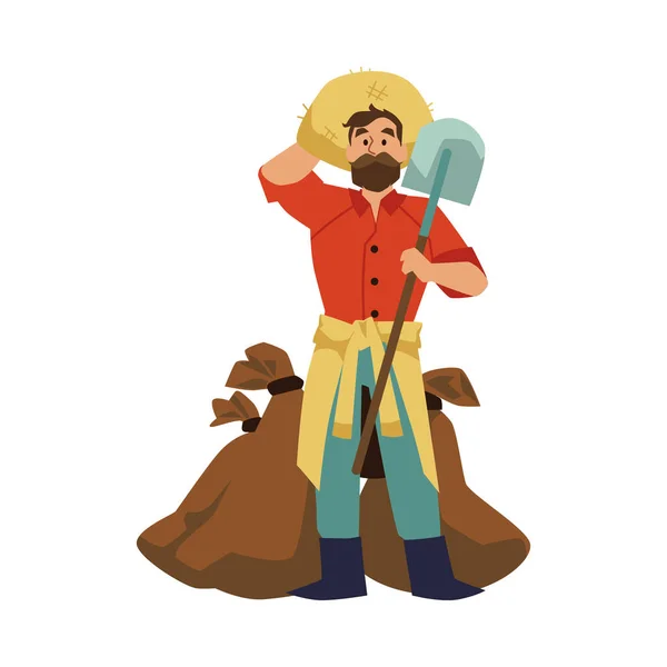 Αγρότης Γεωργικός Εργαζόμενος Σκάψιμο Φτυάρι Επίπεδη Απεικόνιση Φορέα Κινουμένων Σχεδίων — Διανυσματικό Αρχείο