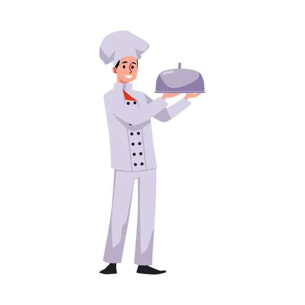 Chef Masculin Uniforme Chapeau Présentant Repas Illustration Vectorielle Plate Isolée — Image vectorielle