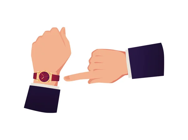 Χέρια Του Επιχειρηματία Δείχνουν Ρολόι Στα Χέρια Του Επίπεδη Διανυσματική — Διανυσματικό Αρχείο
