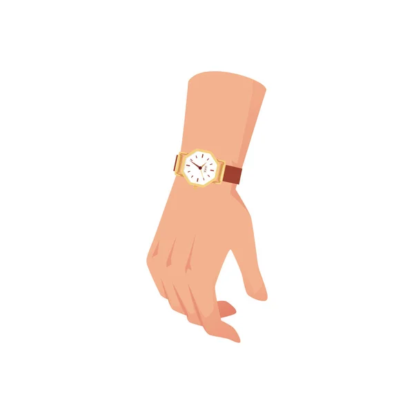 白い背景に隔離された機械式腕時計 フラットベクトルイラストと男性の手 黄金の文字盤とレザーブレスレットとエレガントな時計 — ストックベクタ