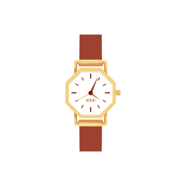レザーバンドとエレガントな機械式腕時計 白の背景に隔離されたフラットベクトルイラスト 時間を示す丸い文字盤と矢印と手の時計 — ストックベクタ