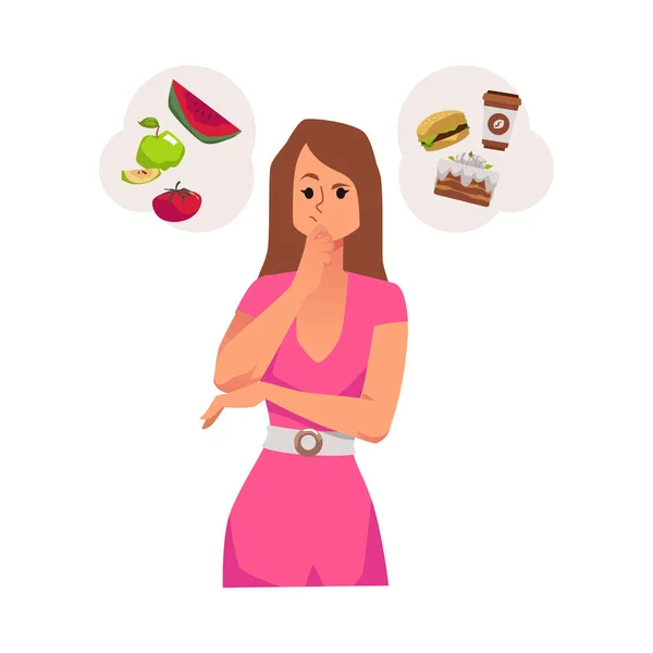 健康的で不健康な食べ物の間で選択をする女性 自然有機またはジャンクスナックの間の選択 白の背景に隔離されたフラット漫画ベクトルイラスト — ストックベクタ