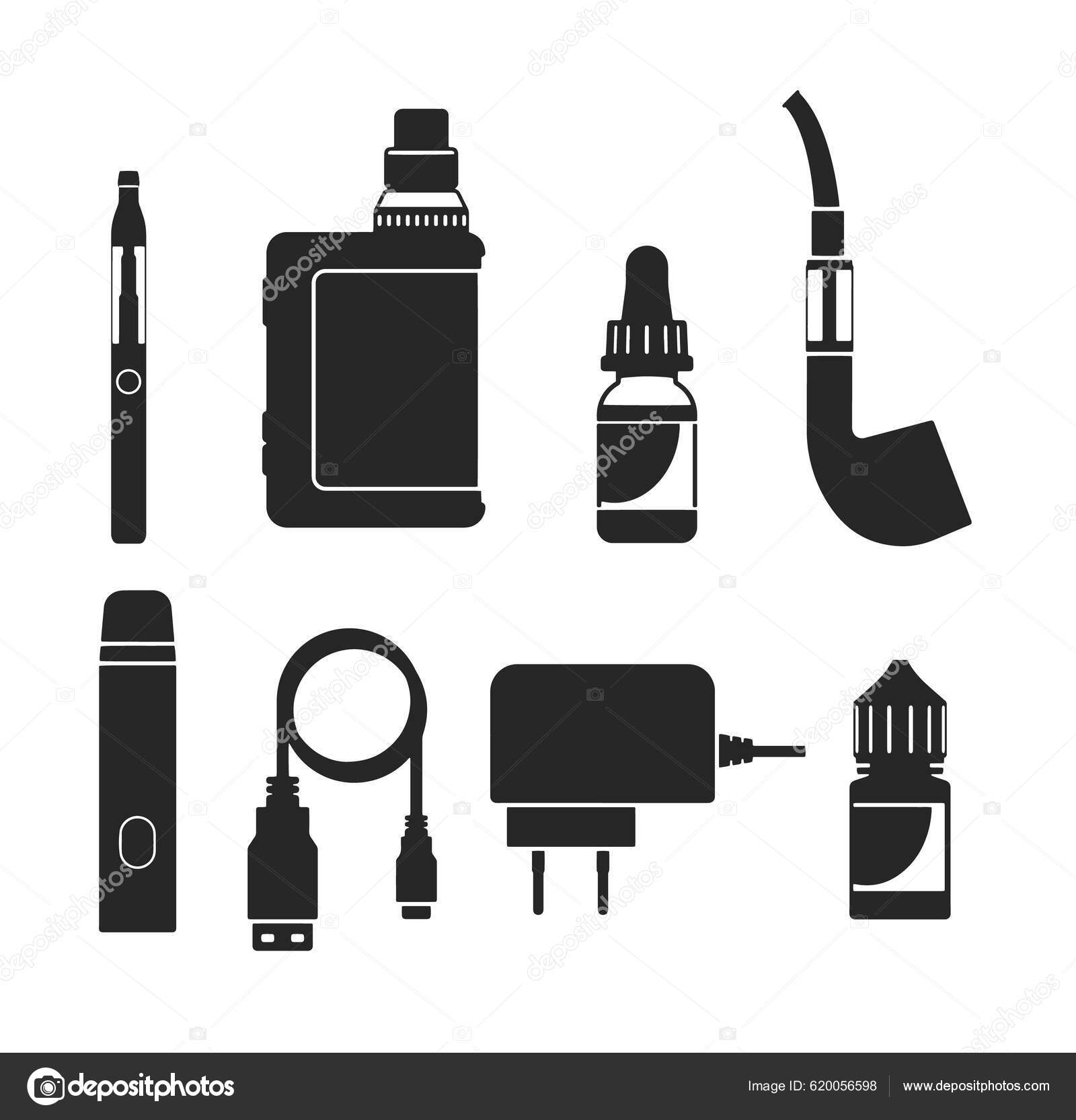 Dampf Und Zigaretten Rauchgeräte Und Zubehör Set Schwarze Silhouetten  Vektordarstellung Stock-Vektorgrafik von ©Sabelskaya 620056598
