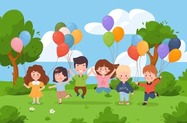 Dzieci Bawiące Się Balonami Letniej Płaskiej Ilustracji Wektor Kreskówki Dzieci — Wektor stockowy