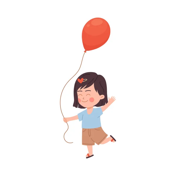 Smiling Baby Girl Running Balloons Hands Flat Cartoon Vector Illustration — Stock Vector