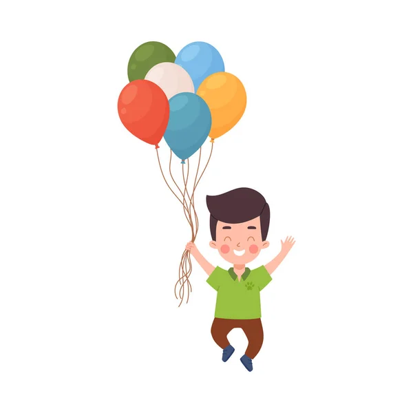 Feliz Menino Sorridente Pulando Com Balões Ilustração Vetorial Cartoon Plana — Vetor de Stock