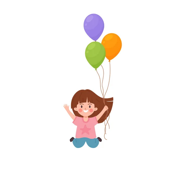 Cheerful Baby Girl Balloons Jumping Joy Flat Cartoon Vector Illustration — Stock Vector