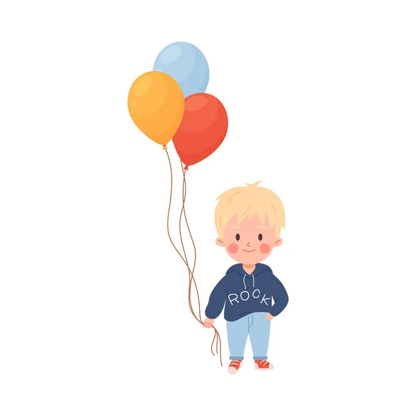 Bébé Garçon Aux Cheveux Blonds Tenant Des Ballons Dans Les — Image vectorielle