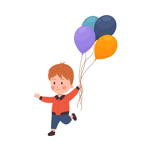 Child Boy Running Colorful Balloons Cartoon Flat Vector Illustration Isolated — Stock Vector