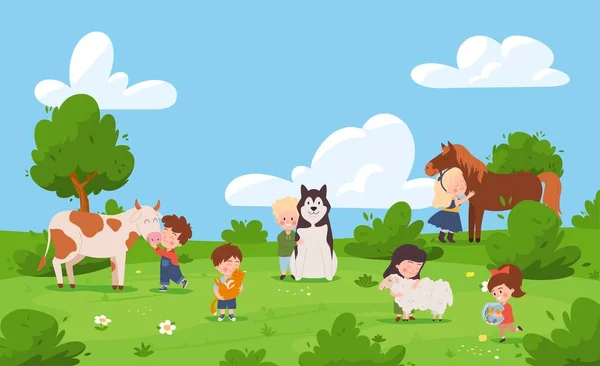 농장의 여름철 풍경은 귀여운 아이들 동물들을 돌보고 사랑을 표현하는 만들어 — 스톡 벡터