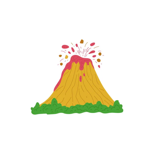島の漫画のアイコンやシンボル 白い背景に隔離された平らなベクトルイラスト上の火山噴火 火山の山が溶岩を噴出し 火口を通して炎 — ストックベクタ