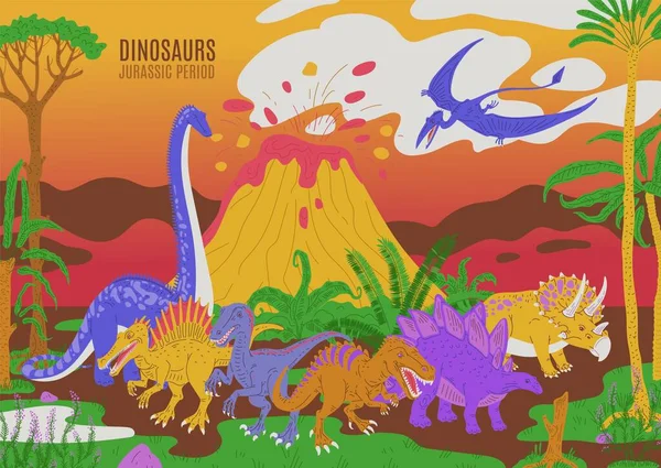 Dinoszaurusz Jurassic Mezozoikus Időszak Színes Háttér Lapos Rajzfilm Vektor Illusztráció — Stock Vector