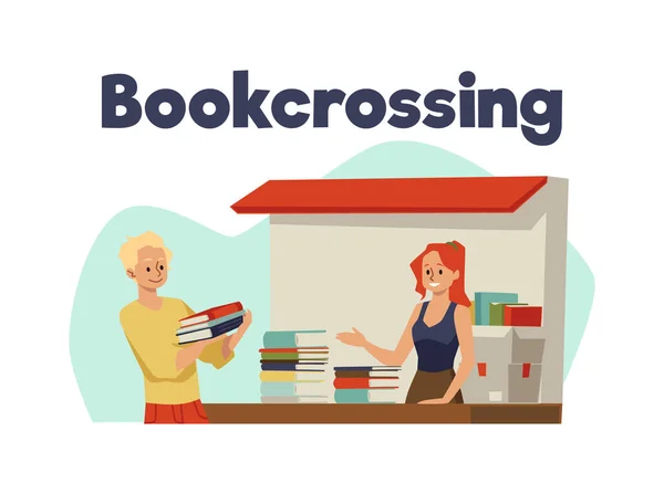 stock vector Man leaving books in bookcrossing stall, flat vector illustration isolated on white background. People sharing books for free. Book exchange, share and borrow.