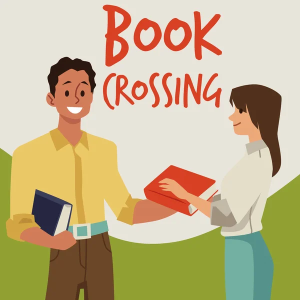 stock vector Bookcrossing poster template, man and woman exchange books - flat vector illustration. People share books with each other. Concepts of reading, hobby and education.