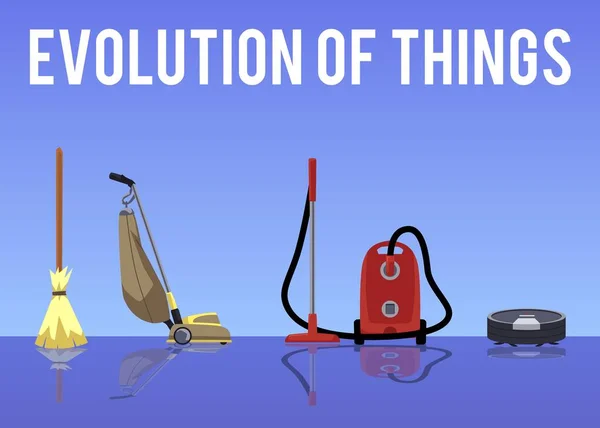 ほうきからロボット掃除機への掃除機の進化 フラットベクトルイラスト 物事の碑文の進化 バッグ シリンダー掃除機とロボットと直立フーバー 家電製品 — ストックベクタ